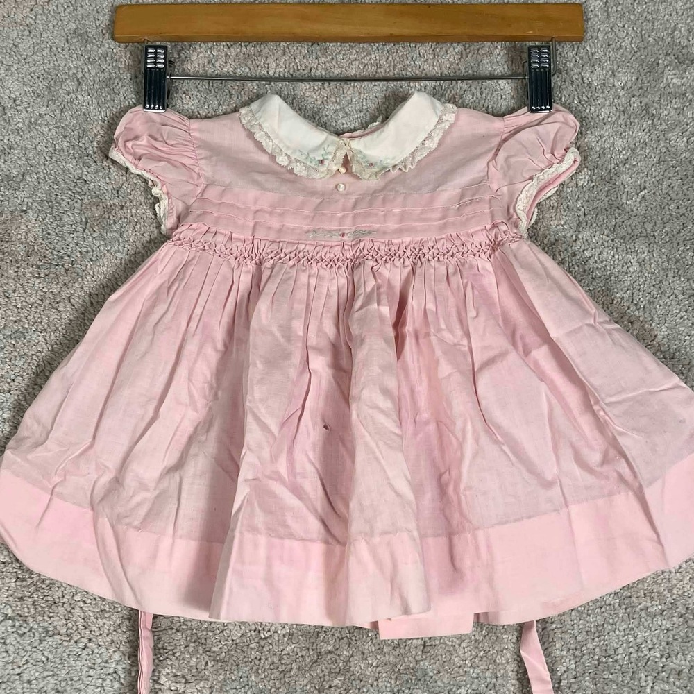 VTG 60s Polly Flinders Dress Toddler 18M Pink Hand Smocked Lace Collar Floral